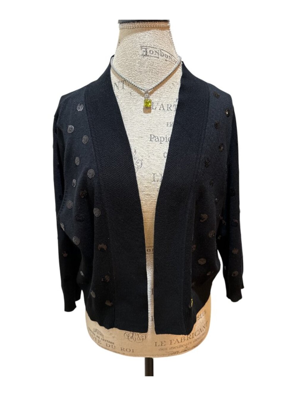 Ronni Nicole Sz L Black Sequin Dotted 3/4 Sleeve Cropped Knit Shrug Sweater